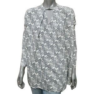 Umgee Womens Top Black White Floral Print Keyhole Crew Neck Long Sleeve Boho S